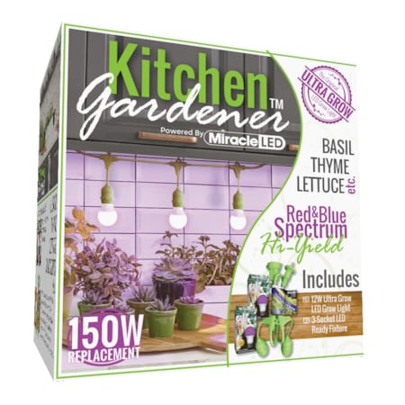 Miracle Led 3-Socket Kitchen Gardener Grow Light Kit, Red & Blue Spec. 9W Replace 100W Grow Bulbs, 2PK 802241